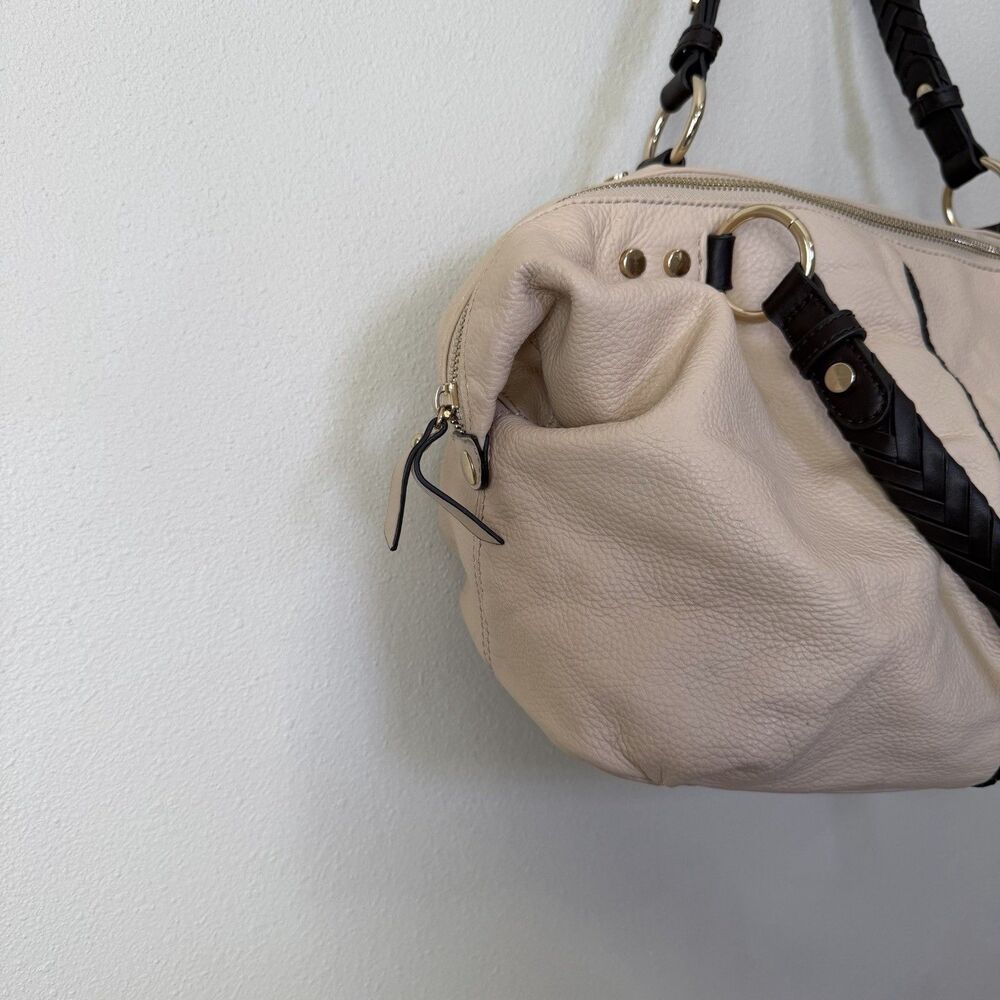 B. Makowsky Cream Beige Leather Shoulder Bag Satchel Braided Handles Boho Purse - Picture 6 of 16